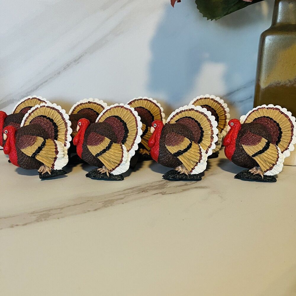 Festive Vintage Thanksgiving Turkey Napkin Rings Hand Painted Set Of 8
